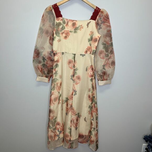 Womens Retro Romantic Floral Burgundy Crochet Lace Fitted Bodice Dress Medium - Picture 3 of 13